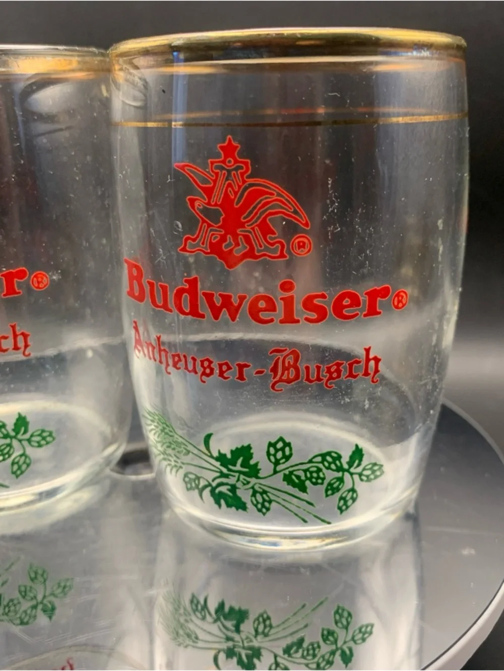 Vintage Budweiser Bud Sample Glass Lot of 2 Gold Trim Keg Shape Anheuser Busch